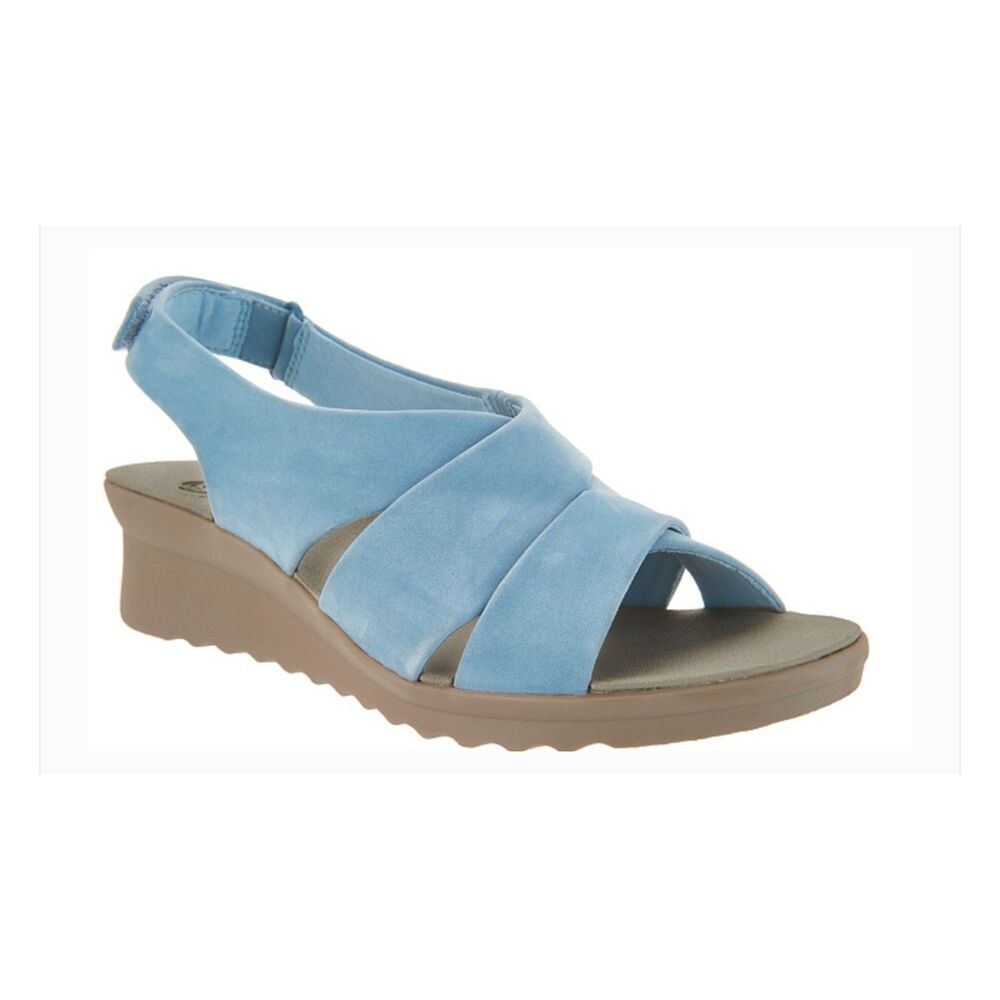 Clarks Cloudsteppers Caddell Bright Sandals Womens 8M Blue Grey Wedge Comfort